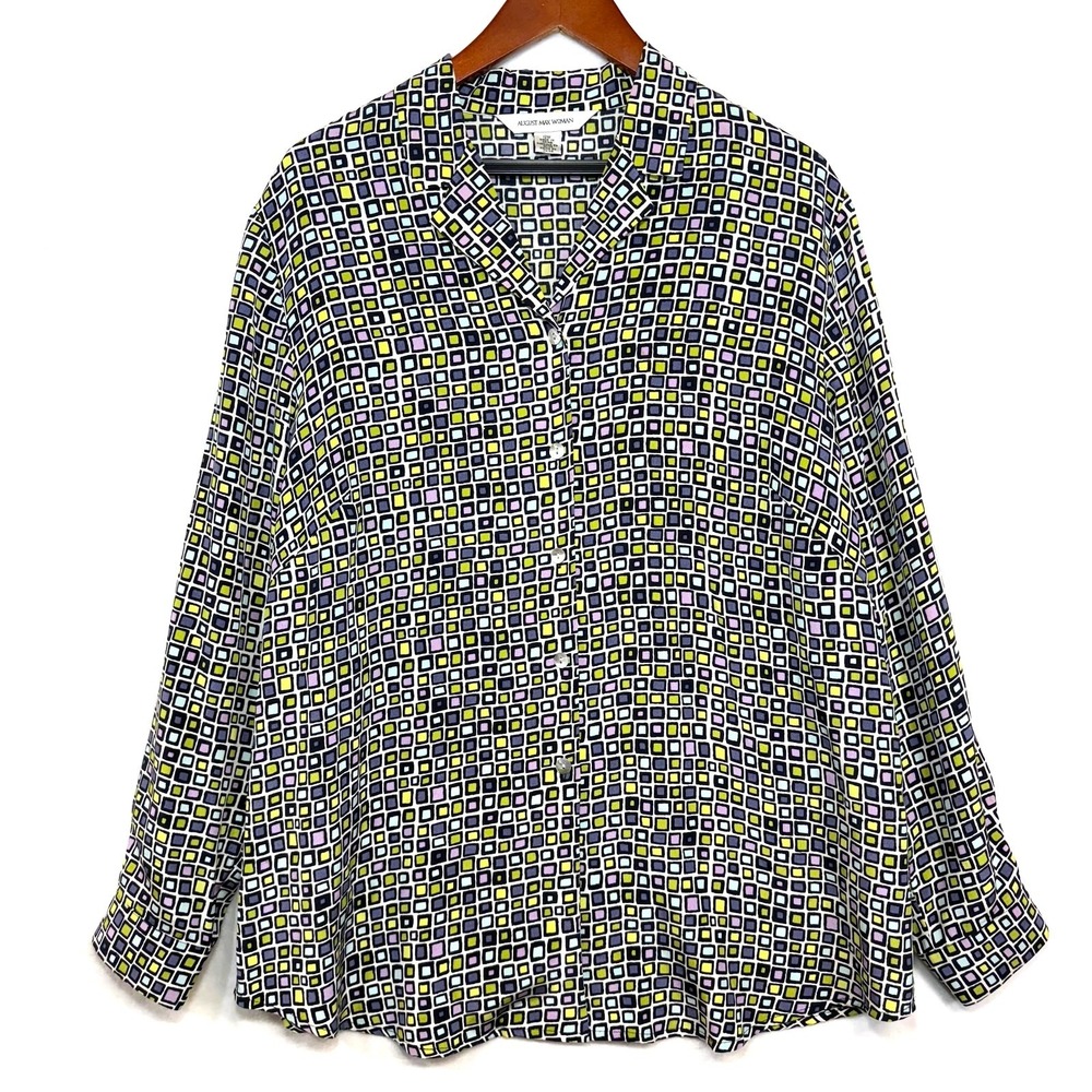August Max Woman 12W 100% Silk Retro Print Buttoned Top Funky 70s Luxury Costume